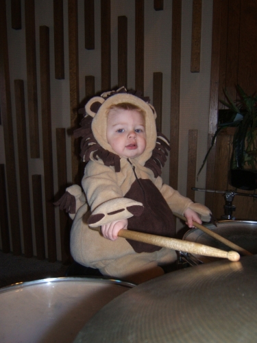 He needs to drum before he goes downstairs to play at Ladies Morning Out.